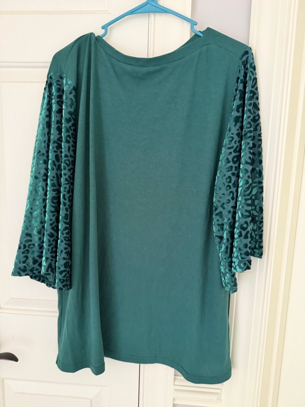Amaryllis Teal Tunic with Velvet Leopard-Print Sleeves